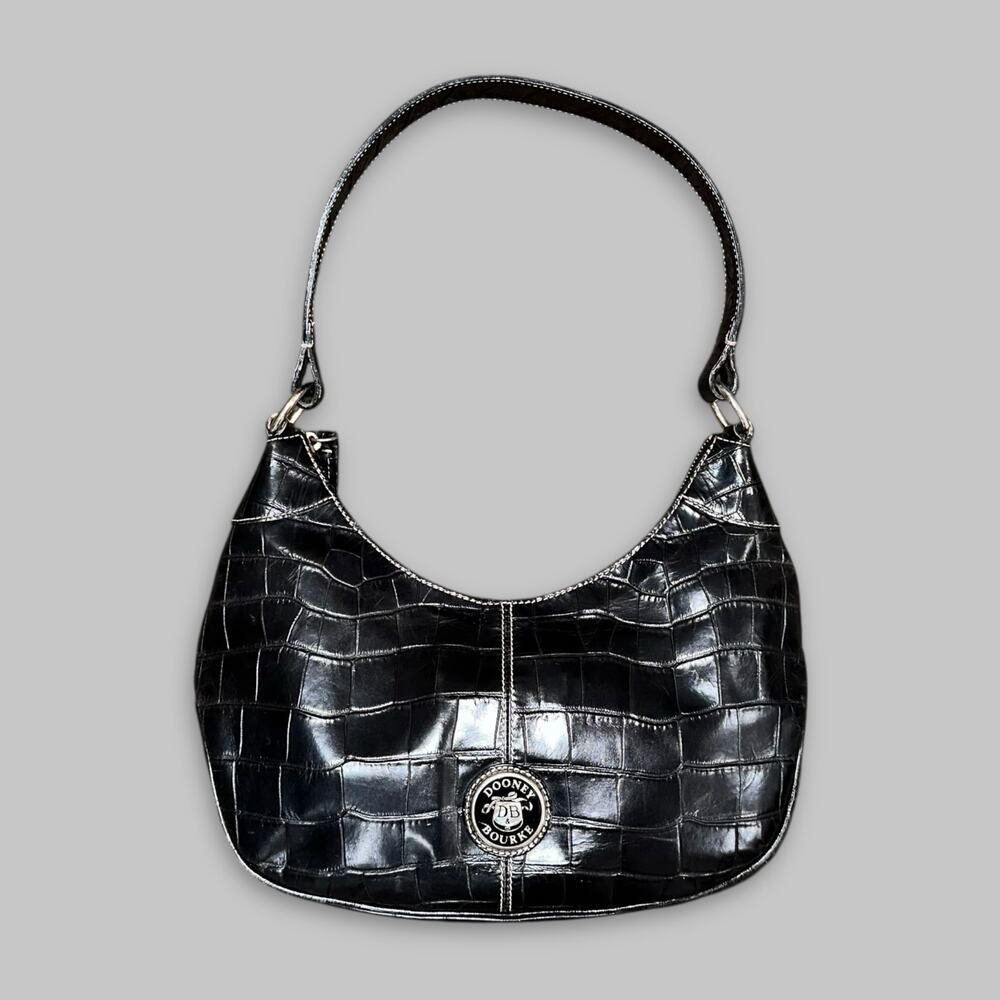 Vintage Dooney & Bourke Black Croc-Embossed Leather Hobo Shoulder Bag